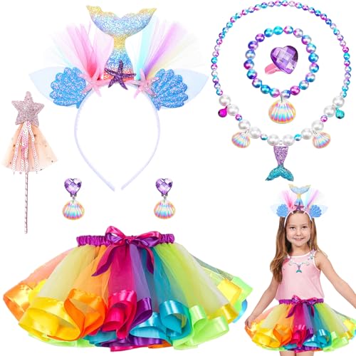 AUNGKWANG 8 Stück Meerjungfrau Kostüm Kinder, Meerjungfrau Geschenke Mädchen Set, Rapunzel Kostüm Kinder, Fasching Kostüm Kinder Mädchen für Weihnachten Verkleidung Cosplay Halloween (Farbe) von AUNGKWANG