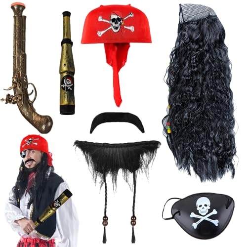 AUNGKWANG Premium Piratenkostüm Herren, 7 PCS Piraten Kostüm Erwachsene, mit Perücke Schnurrbart Piratenkapitän bandana piraten Pistole Fernrohr Augenklappe Zubehör, für Halloween Cosplay Party von AUNGKWANG