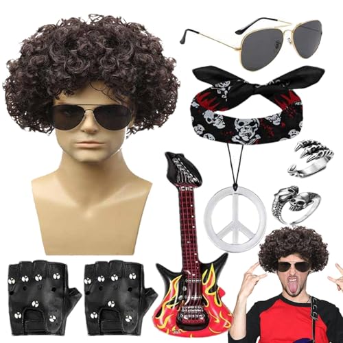 AUTOECHO 80er Jahre Herrenkostüm, Rockkostüm | Rocker Punk Herren Outfit,9 Stück Punk-Männer-Outfits, lockige Rock-Perücke und mehr für Maskerade- von AUTOECHO