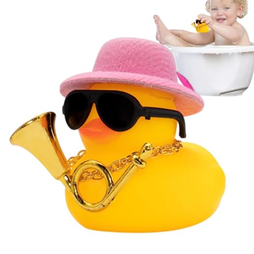 AUTOECHO Auto-Ente | Squeak Rubber Duck Toys Armaturenbrett-Ornament - Gelbe Ente, Armaturenbrett-Dekoration, Auto- -Zubehör mit Hut, Musikinstrument, Halskette, Sonnenbrille von AUTOECHO