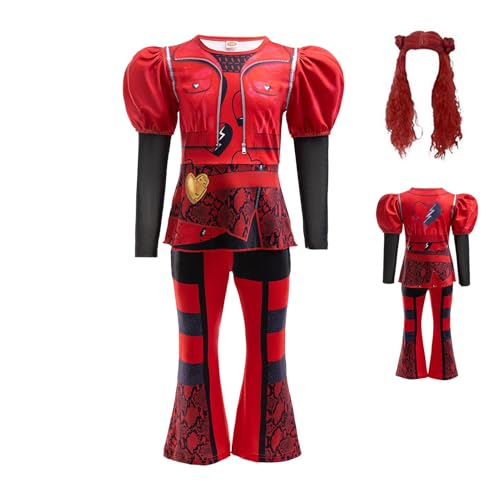 AUTOECHO De-Scendant 4 Rise of Red Kostüm Mit Roter Perücke, 4 Stück Set Rotes Kostüm, Rotes De-Scendant Kostüm & Perücke Für Mädchen, De-Scendant 4 Halloween Cosplay Kostüme Für Halloween Party von AUTOECHO