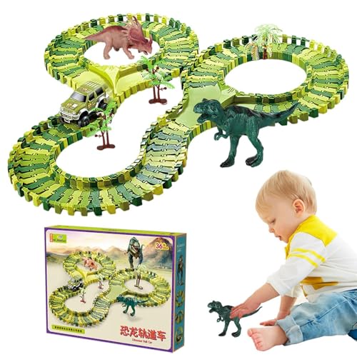 AUTOECHO Dinosaurier-Rennstrecke, Dinosaurier-Autobahn | Flexibles Eisenbahnschienen-Set | Lernspielzeug für und Mädchen ab 3 Jahren, enthält 1 Cooles Rennauto und 2 Dinosaurierspielzeuge, von AUTOECHO