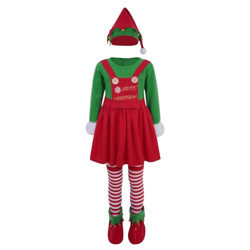 AUTOECHO Elfenkostüm für Kinder, Weihnachtselfenkostüm für Kinder | Elfen Kostüm Hut Socken Festliches Weihnachtsoutfit,Entzückendes Elfen-Kostüm-Kleid-Set, Elfen-Verkleidung, Festival-Outfit für von AUTOECHO