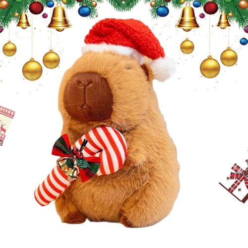 AUTOECHO Gefüllter Weihnachts-Capybara,Weihnachts-Capybara-Plüsch | Umarmender Capybara mit Weihnachtsmütze und Zuckerstange - 9,8 Zoll großer verspielter Begleiter, Plüschtiere für Bett, Sofa, von AUTOECHO