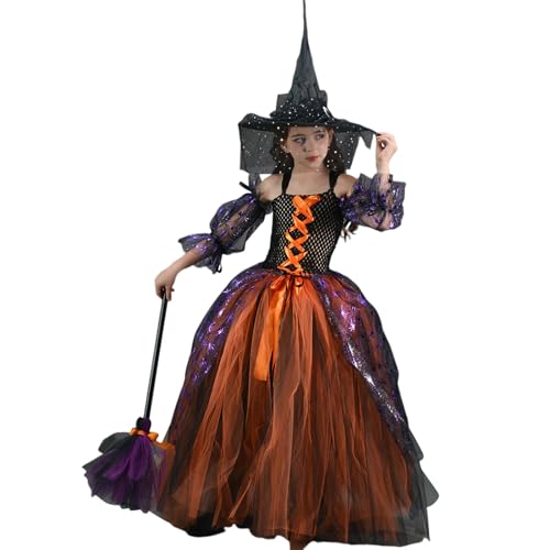 AUTOECHO Hexenkleid Mädchen,Hexenkostüm für Mädchen,Halloween Hexen Tutu Set - Märchenhaftes Hexenkostüm, Hexen-Outfit-Set mit Hut und Besen für Mädchen, Kinder von AUTOECHO