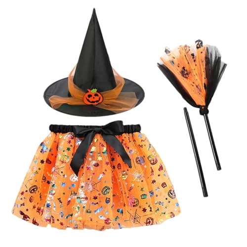 AUTOECHO Hexenkleid für Kinder, Hexenoutfit für Kinder | Halloween Hexenrock Kinder - Hexenrock für Kinder, Tutu-Kleid-Set mit Hexenhut und Besen für 2–8 Jahre alte Halloween-Cosplay-Party-Dekoration von AUTOECHO