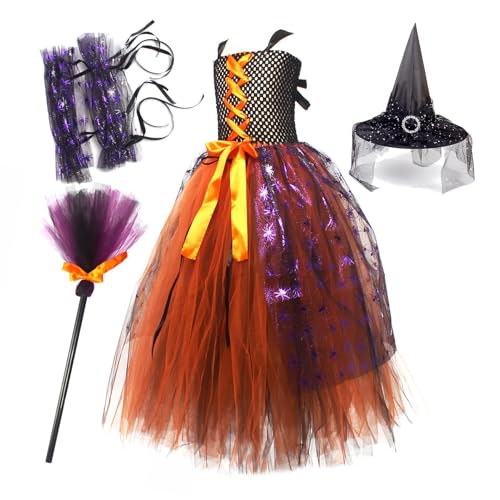 AUTOECHO Hexenkostüm Mädchen,Hexenkostüm für Mädchen,Halloween Hexen Tutu Set | Märchenhaftes Hexenkostüm, Hexen-Outfit-Set mit Hut und Besen für Mädchen, Kinder von AUTOECHO