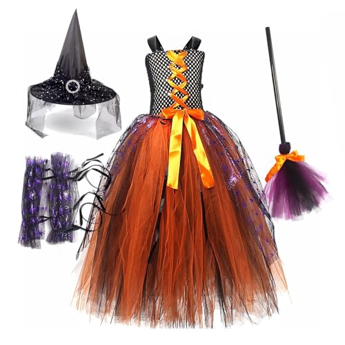 AUTOECHO Hexenkostüm für Mädchen, Kleinkind-Hexenkostüm,Halloween Hexen Tutu Set - Märchenhaftes Hexenkostüm, Hexen-Outfit-Set mit Hut und Besen für Mädchen, Kinder von AUTOECHO