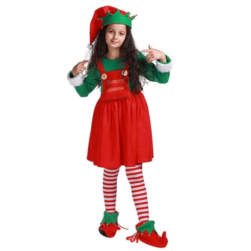 AUTOECHO Kinder-Elfen-Outfit,Kinder-Elfen-Kostüm, Elfen Kostüm Hut Socken Festliches Weihnachtsoutfit, Entzückendes Elfen-Kostüm-Kleid-Set, Elfen-Verkleidung, Festival-Outfit für Events, Partys von AUTOECHO