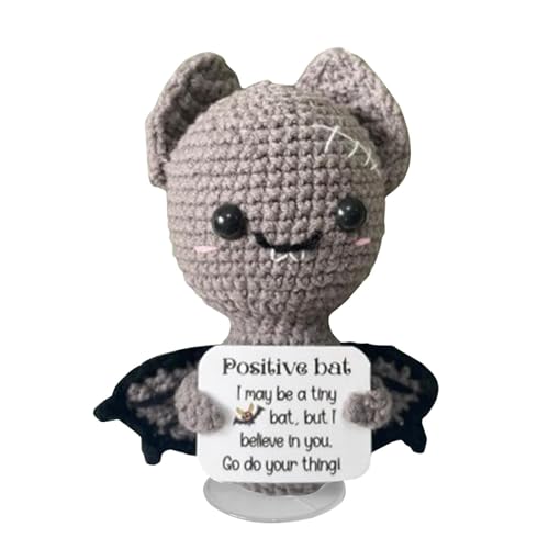 AUTOECHO Lustige Fledermaus mit Positivkarte - Halloween Häkelwolle Fledermaus - Lustige Positive Puppe Fledermaus Pocket Hug für Kinder, Erwachsene, Männer, Frauen, Freunde von AUTOECHO