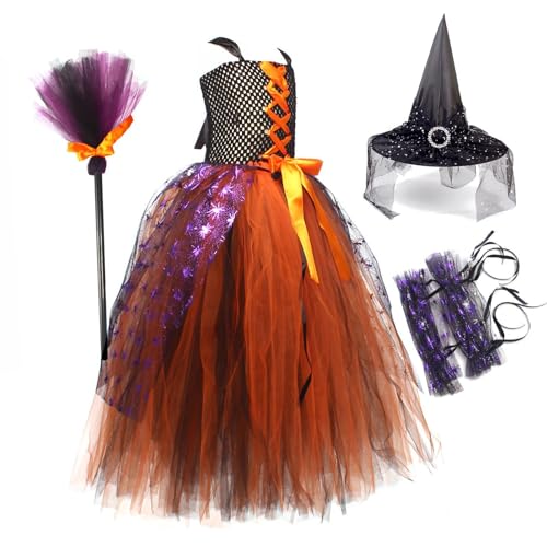 AUTOECHO Mädchen Hexenkostüm,Hexenkostüm Mädchen | Halloween Hexen Tutu Set | Märchenhaftes Hexenkostüm, Hexen-Outfit-Set mit Hut und Besen für Mädchen, Kinder von AUTOECHO