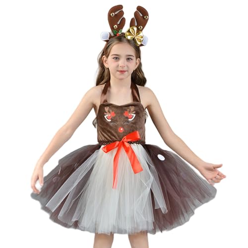 AUTOECHO Rentier-Stirnband-Kostüm für Kinder, Weihnachtskleid mit Stirnband - Rentier-Kleidungs-Requisiten - Kinder-Prinzessinnen-Outfit mit Stirnband für Weihnachten, Themenpartys, Kinder, Mädchen von AUTOECHO