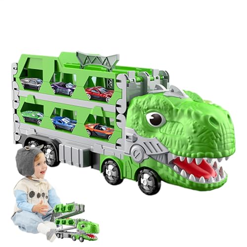 AUTOECHO Transport-Dinosaurier-LKW mit klappbarem Schieber,Dinosaurier-LKW,Dinosaurier-Transporter mit Griff - Fahrzeug-Spielset, Autotransporter-Spielzeug, Faltbare Rennstrecke, 2-Spieler-Rennmodus, von AUTOECHO