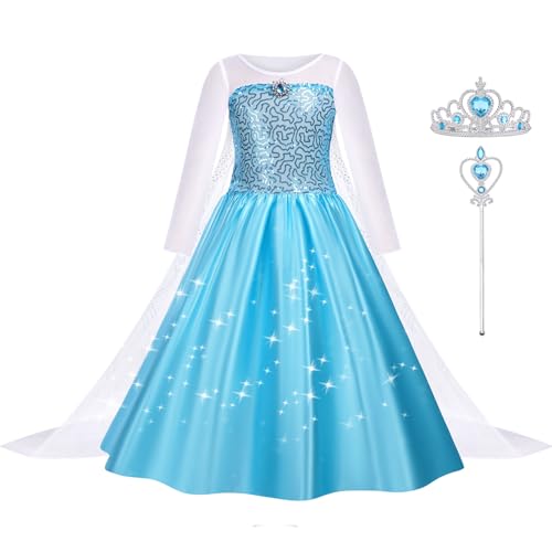 AUYAO Kostüm Kinder Mädchen, 4-teiliges Set Kinder Prinzessin Kleid mit Krone Diadem Zauberstab usw für Weihnachten Verkleidung Karneval Halloween Rollenspiel (100cm) von AUYAO