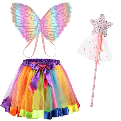 AUYAO Feenflügel Kostüm Kinder 3Pcs Schmetterlings Flügel Mädchen Prinzessinnenflügel Elfen Fee Anzieh Sets mit Tutu Haarband Zepter für Halloween Karneval Geburtstag Fasching Kostüm Requisiten Farbig AUYAO Feenflügel Kostüm Kinder 3Pcs Schmetterlings Flügel Mädchen Prinzessinnenflügel Elfen Fee Anzieh Sets mit Tutu Haarband Zepter für Halloween Karneval Geburtstag Fasching Kostüm Requisiten Farbig von AUYAO