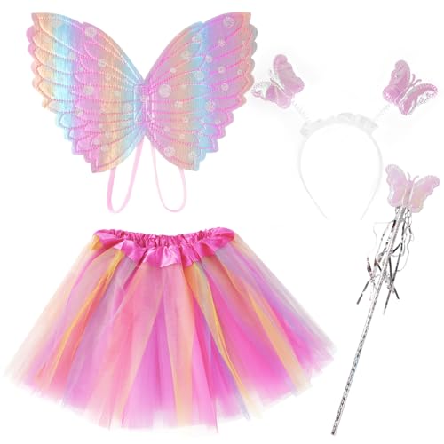 AUYAO Feenflügel Kostüm Kinder 4 Pcs Schmetterlings Flügel Mädchen Rosa Prinzessinnenflügel Elfen Fee Anzieh Sets mit Tutu Haarband Zepter für Kindershow Karneval Geburtstag Fasching Kostüm Requisiten von AUYAO