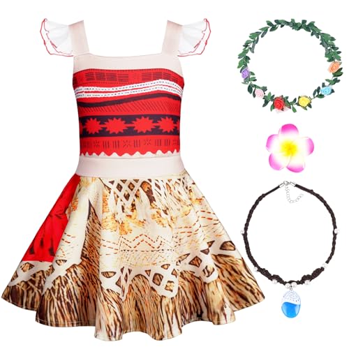 AUYAO Kinder Moana Prinzessin Mädchen Kostüm 5 Set Vaiana Kleid Verkleidung mit Zubehör Blumenkrone Halskette Blumenclip Girls Princess Kostüm Verkleidung Karneval Halloween Geburtstag Party (150cm) von AUYAO