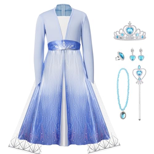 AUYAO Kostüme für Kinder Mädchen Kleid 6teiliges Set Kleid Kinder mit Krone Diadem Zauberstab Girls Princess Dress Costume Outfits für Weihnachten Verkleidung Karneval Halloween Geburtstag Party 130cm von AUYAO