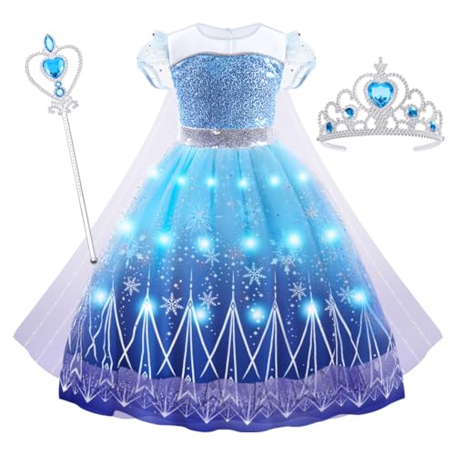 AUYAO LED Kostüm Kinder Mädchen 3-teiliges Set Kleid Kinder mit Krone Diadem Zauberstab Girls Frozen Princess Costume für Weihnachten Verkleidung Karneval Halloween Geburtstag Party (100cm) von AUYAO