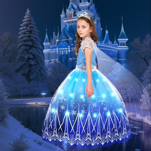 AUYAO LED Kostüm Kinder Mädchen 3-teiliges Set Kleid Kinder mit Krone Diadem Zauberstab Girls Frozen Princess Costume für Weihnachten Verkleidung Karneval Halloween Geburtstag Party (110cm) von AUYAO