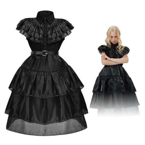 AUYAO Wednesday Schwarzer Tüll Kleid Outfits 2Set Addams Kostüm mit Gürtel für Kinder Scream Kostüm Mittelalterkleid Kostüm Mädchen Halloween Costume Maskerade Familienfeier Karneval Cosplay Party 150 von AUYAO