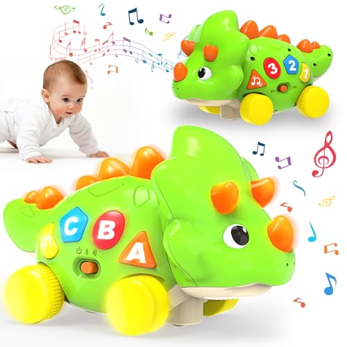 AUYLE Baby Spielzeug 6-36 Monate, Dino Krabbelspielzeug mit Licht & Musik, Musikalische Kinderspielzeug mit Automatischer Hindernisvermeidung, Motorikspielzeug ab 1 Jahr für Baby Geschenk (hellgrün) von AUYLE