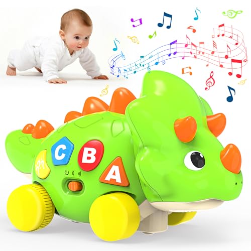 Baby Spielzeug 6-36 Monate, Dino Krabbelspielzeug mit Licht & Musik, Musikalische Kinderspielzeug mit Automatischer Hindernisvermeidung, Motorikspielzeug ab 1 Jahr für Baby Geschenk Junge und Mädchen von AUYLE