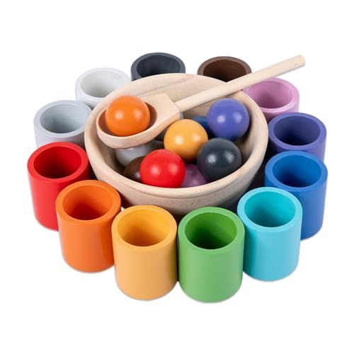 AVAKKER Montessori Farben Sortieren Spielzeug Holzspielzeug Lernspielzeug für Farben Lernen, Stapeln, Sortieren, Regenbogen Ball 12 Farben für Baby Kleinkind ab 1 2 3 Jahre, Geschenk von AVAKKER