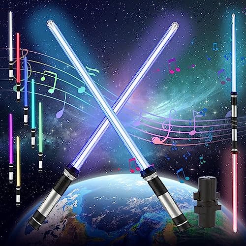 2 Stück Laserschwert Kinder, 2 in 1 Lichtschwer Spielzeug 7 Farben LED Laserschwert mit Licht und Sound Einziehbares Doppelklingen Laserschwert Star Wars Lichtschwert für Verkleidung Partygeschenke von AVCXEC