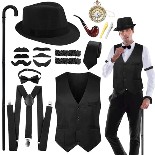 20er Jahre Kostüm Herren Accessoires, 18 Stück 1920er Mafia Kostüm Herren Set mit Krücken, Hut, Taschenuhr, Fliege, Weste und der Schnurrbart Peaky Blinders Kostüm für Halloween, Karneval Kostüm von AVCXEC