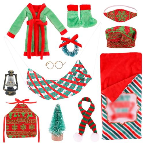 AVCXEC 12 Stück Weihnachten Elf Puppe Kostüm Zubehör, Puppen Zubehör Weihnachtselfen, Weihnachtself Miniatur Puppe Kostüm, Elf Schlafsack, Hängematte, Bademantel, Brille, Schal, Schürze usw (Grün) von AVCXEC