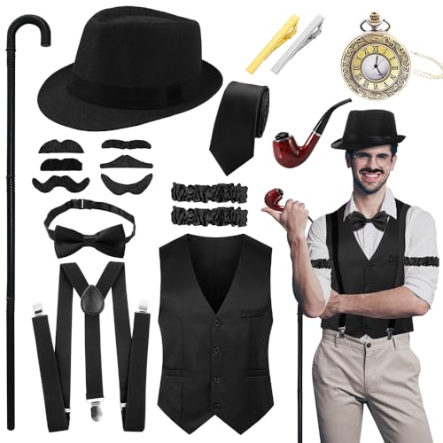 AVCXEC 20er Jahre Kostüm Herren Accessoires, 18PCS Karneval Kostüm Herren Zubehör, mit Herrenweste, Faltbarer Krücken Metall, Zylinder Hut Herren, Taschenuhr, Fliege herren, Schwarze Krawatte Herren von AVCXEC