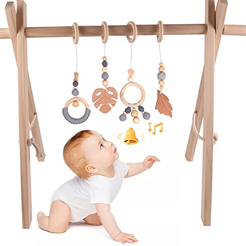 AVCXEC 4 Stück Spielbogen Anhänger, Anhänger Spielzeuge Set für Baby, Anhänger Spielbogen Holz Baby Hängende Spielzeug, spieltrapez Holz Spielbogen für Babys, Babygymnastik aktiv Spielzeug (Grau) von AVCXEC