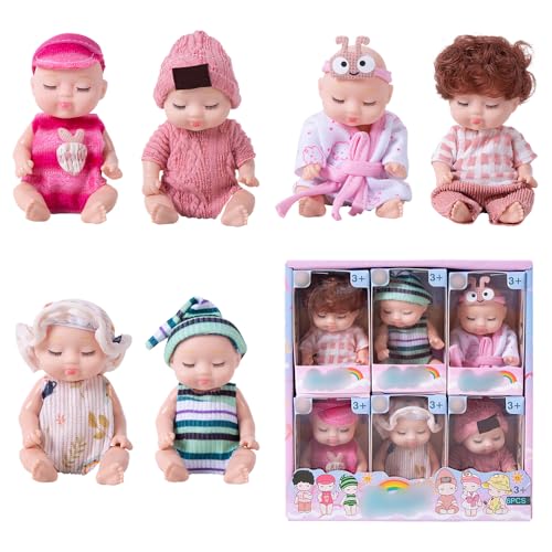 AVCXEC Mini Baby Puppe, 6 Stück Mini Reborn Puppen, Newborn Reborn Baby, Mini Schlafende Wiedergeburt Puppen, Realistische Bewegliche Babypuppe, Mini Babypuppen Set für Mädchen Jungen Geburtstag von AVCXEC