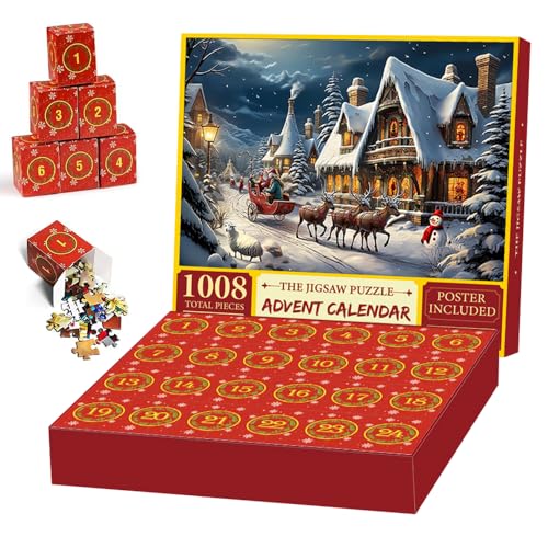 AVCXEC Adventskalender 2024 Weihnachts Puzzle, 1008 Teile Adventskalender Puzzle Für Kinder Und Erwachsene, 24 Tage Weihnachtspuzzle Advents Countdown Kalender, Weihnachten Puzzles Geschenk Für Kinder von AVCXEC