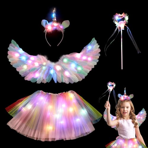 AVCXEC Leuchtend Einhorn Kostüm Kinder, 60 cm Bunt Federflügel Engelsflügel, 4 Stück Engelsflügel Kostüm, Einhorn Haarreif Zauberstab LED Tutu Tüllrock, Engelsflügel Federflügel, für Cosplay Karneval von AVCXEC