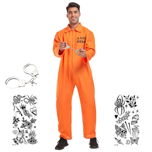 AVCXEC Sträfling Kostüm Herren, Prisoner Overall Kostüm Orange, Knast Kostüm Jumpsuit Herren mit Handschellen, Oranger Overall Gefängnis kostüm Herren, Gefangener Kostüm für Erwachsene, Größe XXL von AVCXEC