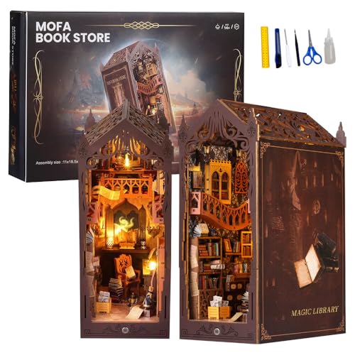 DIY Book Nook Kit, DIY Magische Welt Puppenhäuser Miniatur Haus Kit mit LED-Licht 3D Holzpuzzle Bücherecke Bücherregaleinsatz 3D Puzzle Holz Buchstütze für Bücherregal Deko und Kreativen Geschenken von AVCXEC