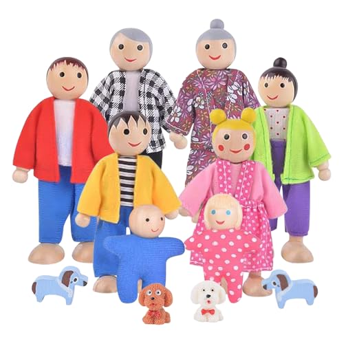 Puppen für Puppenhaus Familie, 12 Stück Puppenhaus Figuren Puppen Familie Set Holzpuppe Spielzeug mit Katze und Hund Puppenfamilien Figuren Biegepuppen für Puppenhaus Zubehör Geschenk von AVCXEC