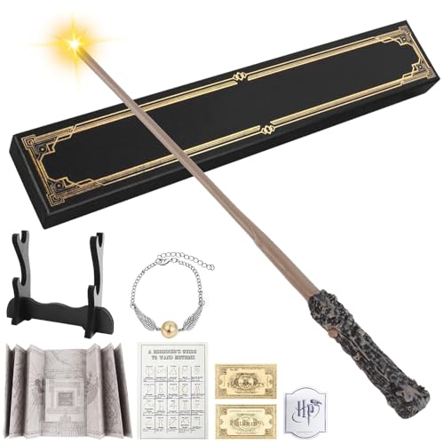 Zauberstab, 36cm Magie Zauberstab in Geschenkbox mit Licht USB Aufladung Magic Wand mit mit Landkarte, Fahrkarte und Zauberstabhalter Wizarding World Harz Zauberstab für Halloween Cosplay Karneval von AVCXEC