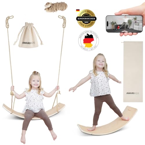 AWARIKIDS Balance Board Kinder, 2 in 1 Blancieren Kinder aus Holz, Balancebrett für Kinder, Baby Schaukel Indoor Höhenverstellbar, Babys Montessori Spielzeug von AWARIKIDS