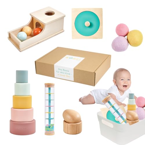 AWARIKIDS Montessori Spielzeug-Set für Babys & Kinder - pädagogisch wertvoll Baby Lernspielzeug, 6 in 1 Baby Spielzeug - stapelturm Baby Geschenk für Baby Spielzeug ab 6 Monat (7-8 Monate) von AWARIKIDS