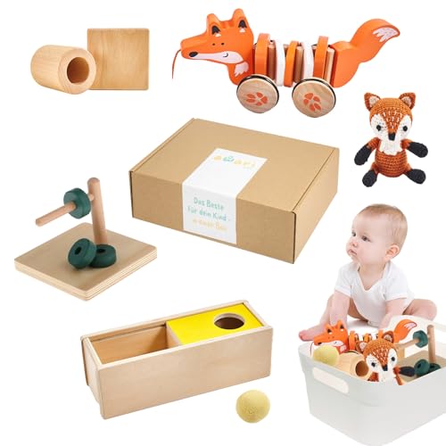 AWARIKIDS Montessori Spielzeug-Set für Babys & Kinder - pädagogisch wertvoll Baby Lernspielzeug, 6 in 1 Baby Spielzeug - Nachziehtier Geschenk für Baby Spielzeug ab 6 Monat (11-12 Monate) von AWARIKIDS