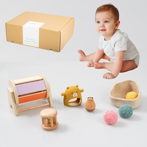 AWARIKIDS Montessori Spielzeug-Set für Babys & Kinder - pädagogisch wertvoll Baby Spielzeuge, 6 in 1 Baby Spielzeug Spinntrommel Baby Ball Geschenk für Baby Spielzeug ab 3 6 9 Monat (5-6 Monate) von AWARIKIDS