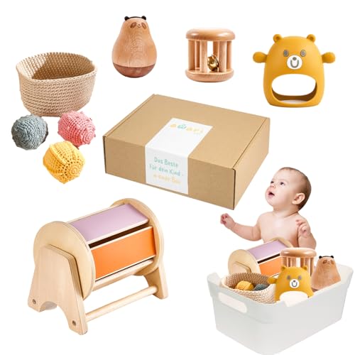 AWARIKIDS Montessori Spielzeug-Set für Babys & Kinder - pädagogisch wertvoll Baby Spielzeuge, 6 in 1 Baby Spielzeug Spinntrommel Baby Ball Geschenk für Baby Spielzeug ab 3 6 9 Monat (5-6 Monate) von AWARIKIDS