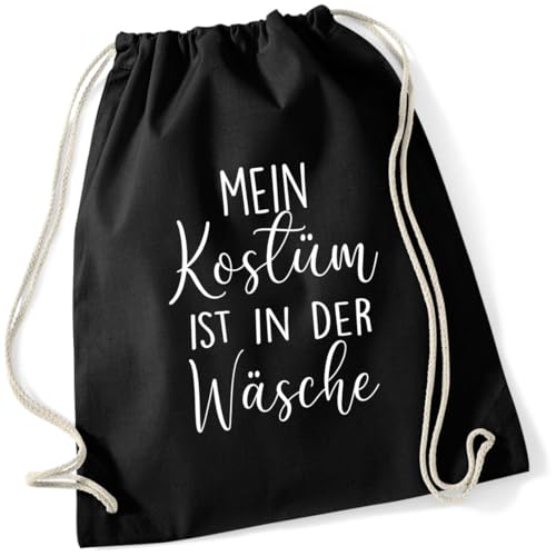 AWASG Turnbeutel Mein Kostüm ist in der Wäsche Karneval Fasching - Gymsac Rucksack mit Fun Print Spruch - Stoffbeutel Baumwolle mit Kordel zum Zuziehen (schwarz) von AWASG