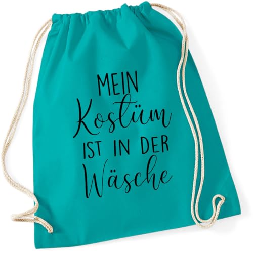 AWASG Turnbeutel Mein Kostüm ist in der Wäsche Karneval Fasching - Gymsac Rucksack mit Fun Print Spruch - Stoffbeutel Baumwolle mit Kordel zum Zuziehen (türkis) von AWASG