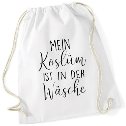 AWASG Turnbeutel Mein Kostüm ist in der Wäsche Karneval Fasching - Gymsac Rucksack mit Fun Print Spruch - Stoffbeutel Baumwolle mit Kordel zum Zuziehen (weiß) von AWASG