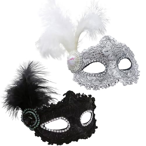 AWAVM 2 Stück Mode venezianische Gesichtsmaske Feder Dekoration Frauen Maskerade Masken für Halloween Maskerade Kostüm Party (Schwarz + Weiß) von AWAVM