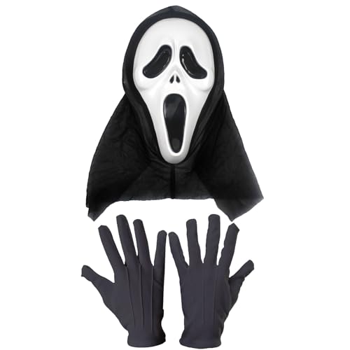 AWAVM 2-teiliges Halloween-Kostüm-Zubehör-Set, weiße Schrei-Maske mit angenähter schwarzer Kapuze und schwarzen Handschuhen, Halloween-Kostüm für Erwachsene von AWAVM